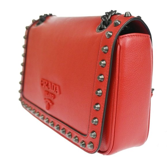 PRADA MILANO Logo Studs Chain Mini Shoulder Bag Calf Leather Fuoco Red 683RJ123 - Picture 6 of 16